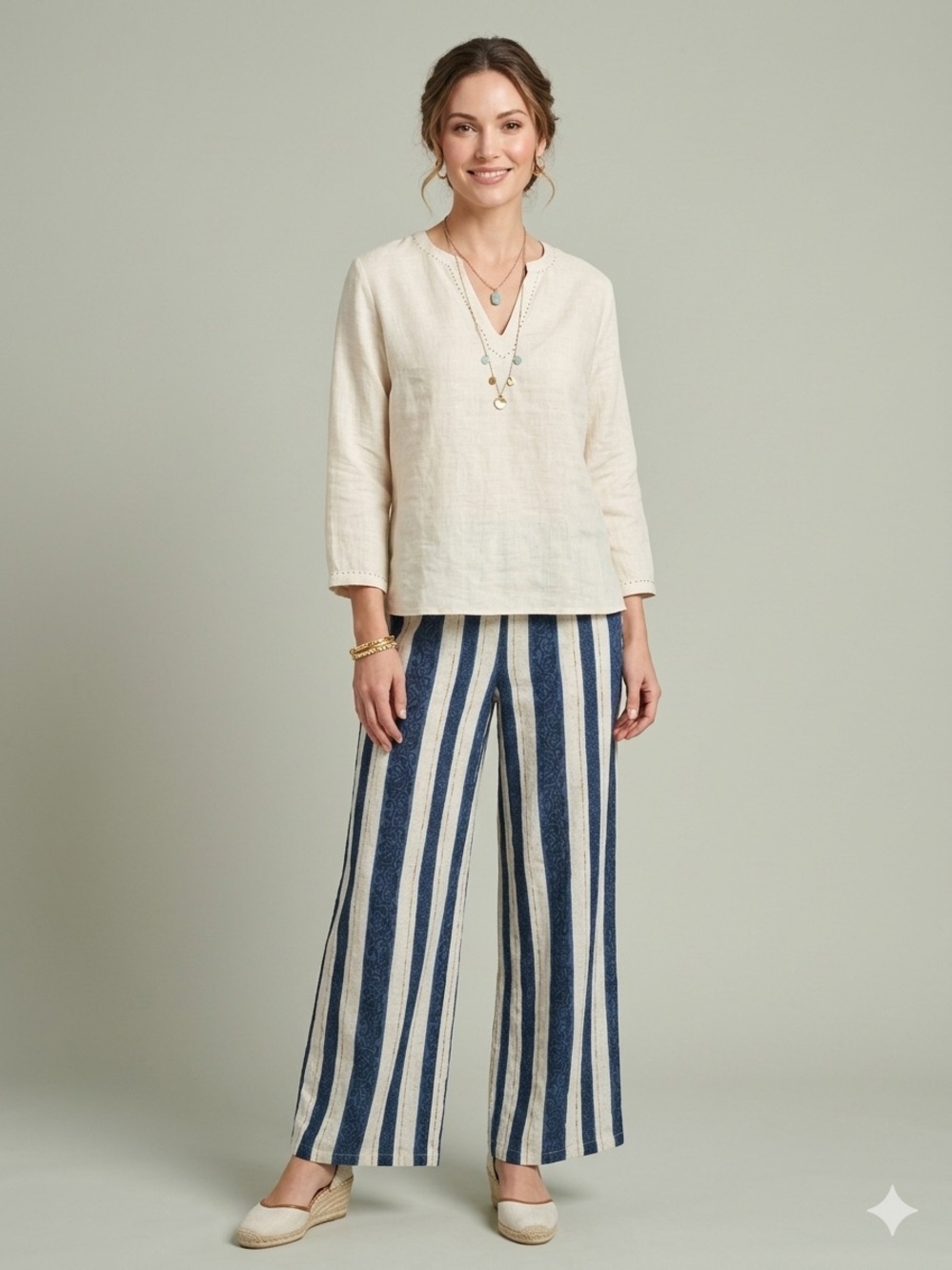 Bella Umbra Striped Wide Leg Pants Coastal Grandma Linen Blend Blue White LARGE
